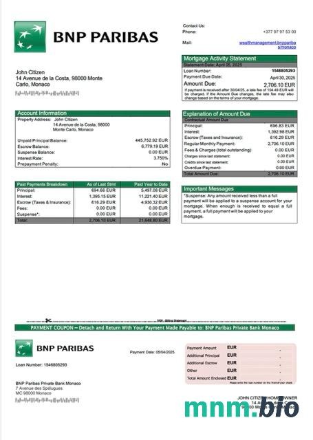 Monako BNP Paribas Private Bank Monaco wyciąg z kredytu hipotecznego szablon Word i PDF